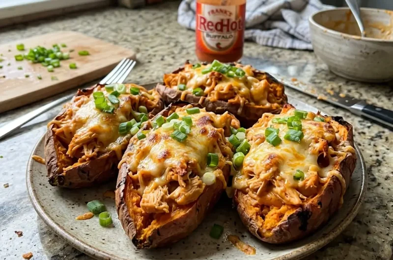 Buffalo Chicken Stuffed Sweet Potatoes (Sweet & Spicy!)