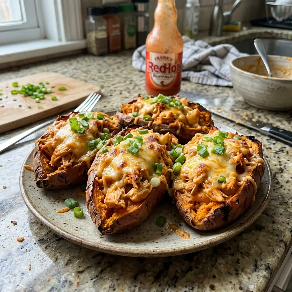 Buffalo Chicken Stuffed Sweet Potatoes (Sweet & Spicy!)