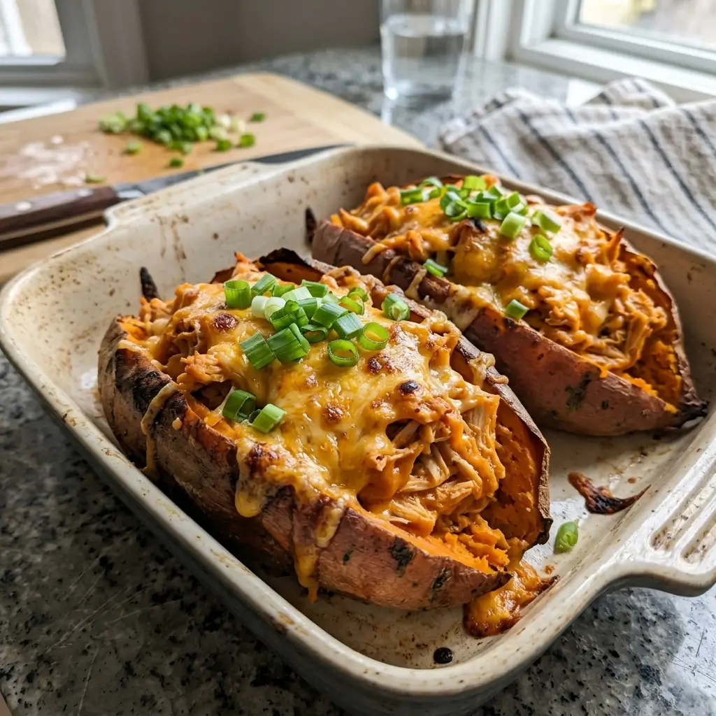 Buffalo Chicken Stuffed Sweet Potatoes (Sweet & Spicy!)